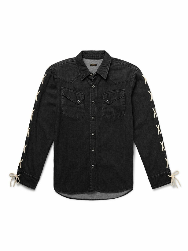 Photo: KAPITAL - Slim-Fit Leather-Trimmed Lace-Up Denim Shirt - Black
