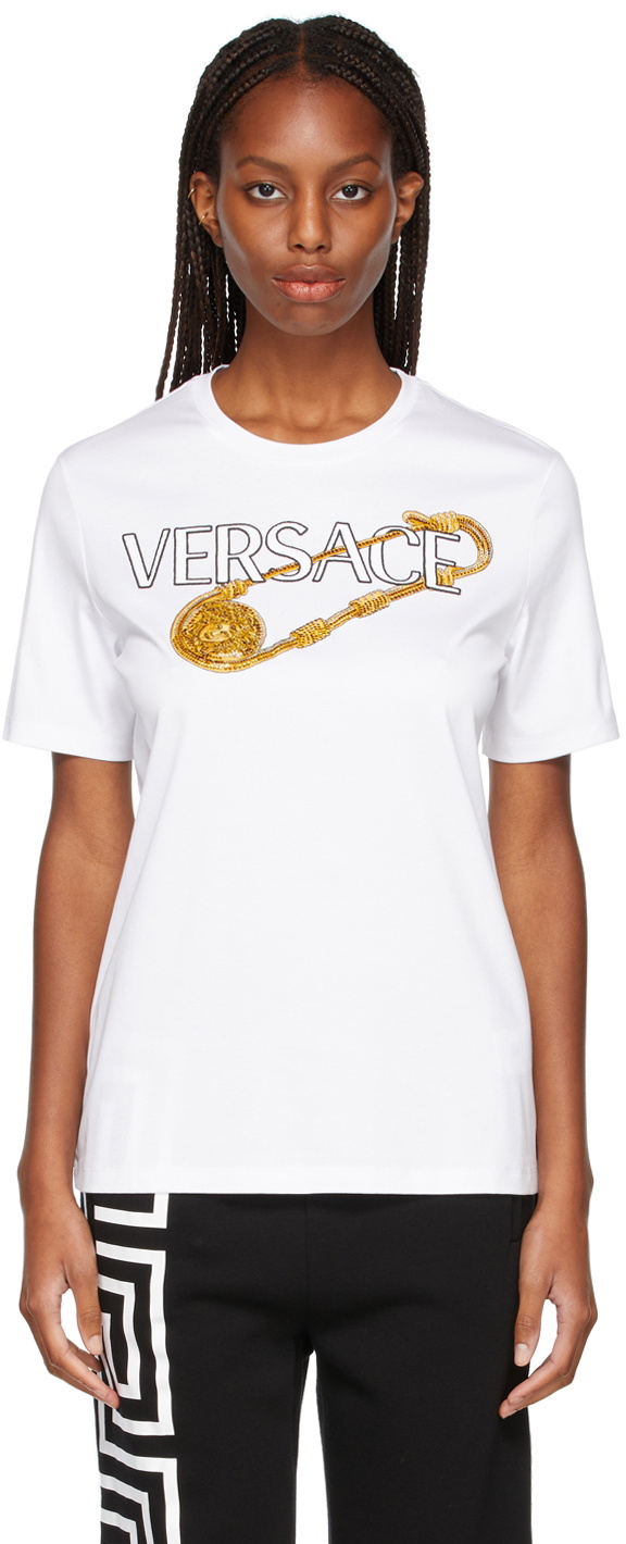 beskydning tragedie bemærkede ikke Versace White Embroidered Brooch Logo T-Shirt Versace