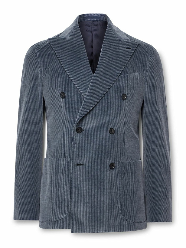 Photo: Caruso - Unstructured Double-Breasted Cotton-Blend Corduroy Suit Jacket - Blue