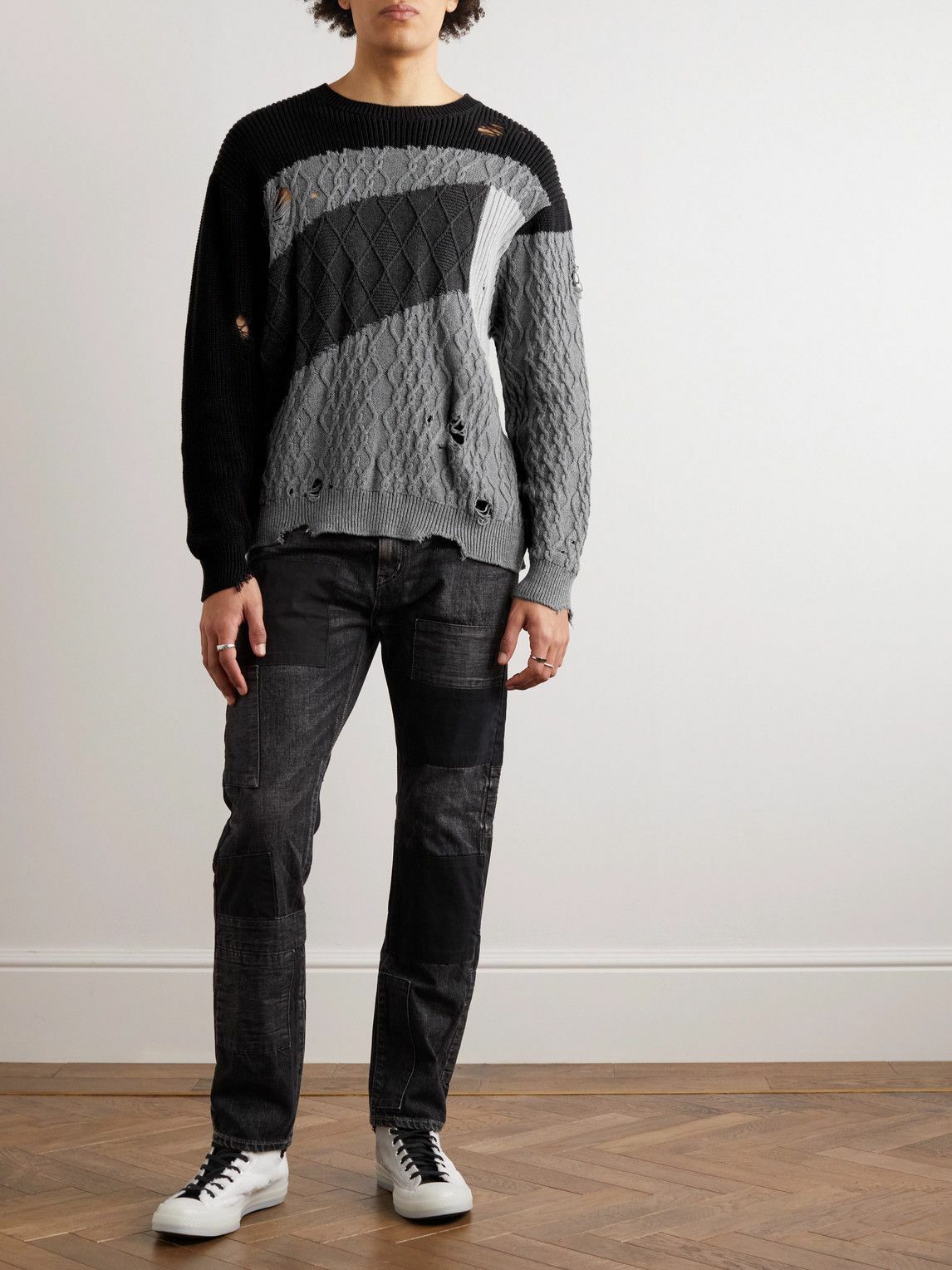 Neighborhood - Distressed Patchwork Cable-Knit Cotton Neighborhood - Distressed Patchwork Cable-Knit Cotton