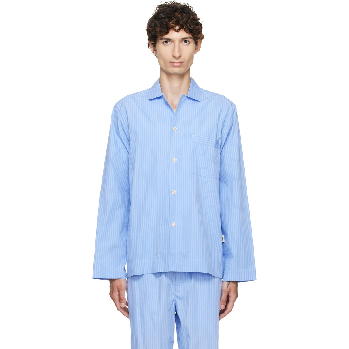 Tekla Blue Poplin Long-Sleeved Pyjama Shirt