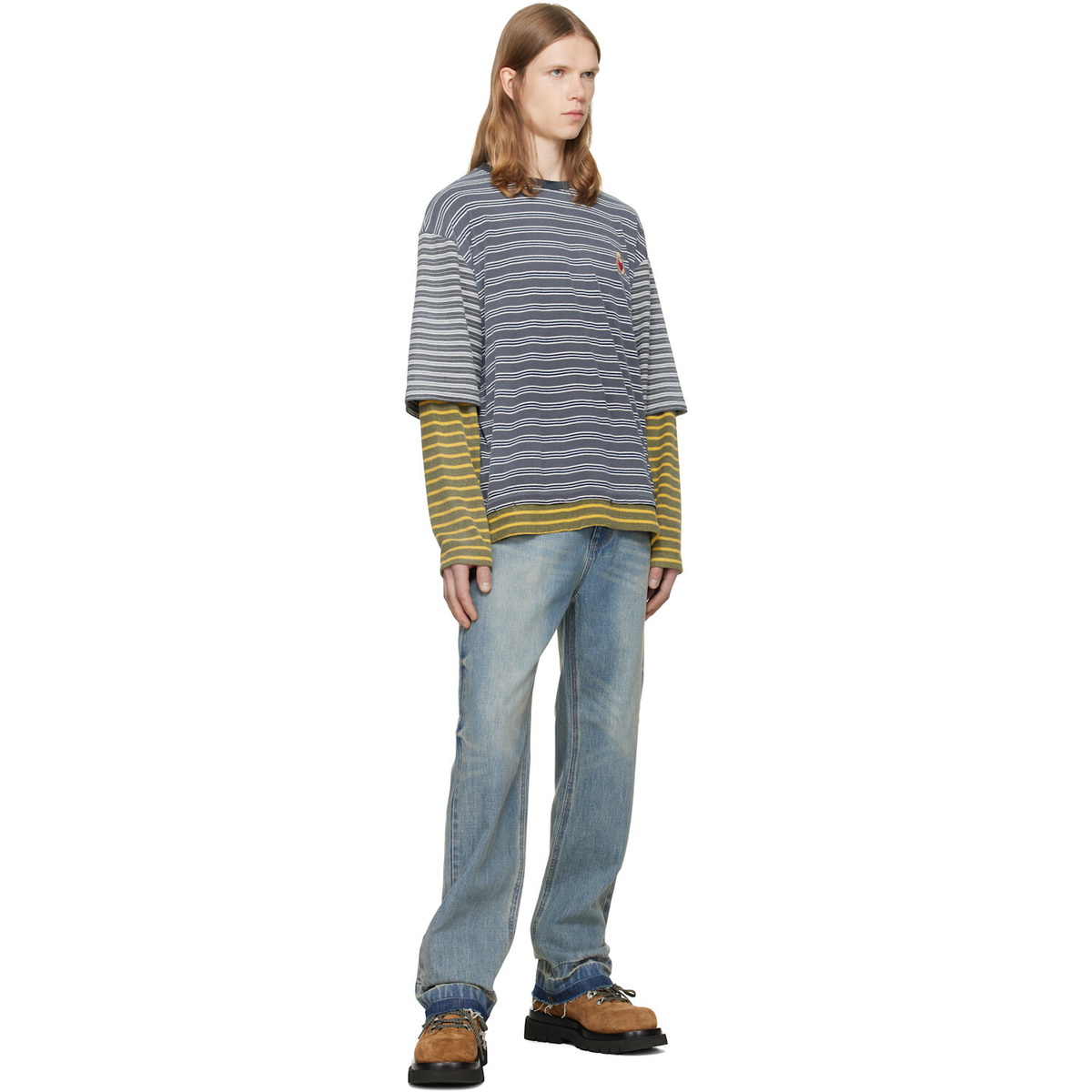 We11done Gray Contrast Striped Layered T-Shirt