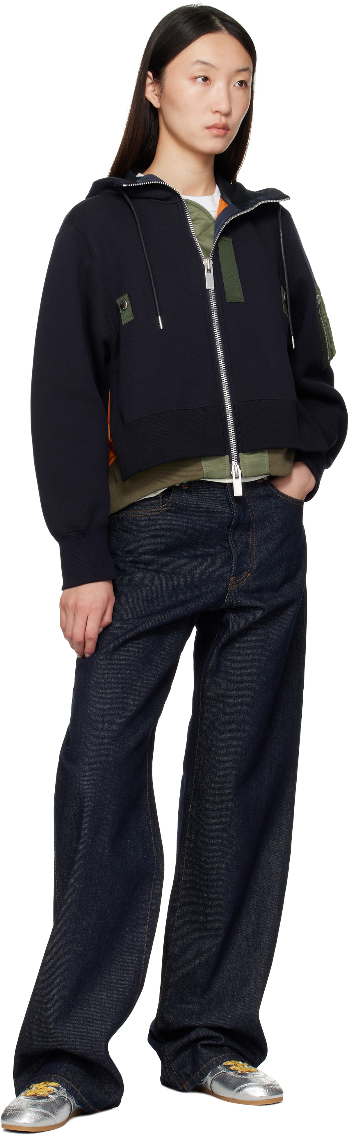 sacai Navy & Khaki Sponge Sweat x Nylon Twill Hoodie Sacai