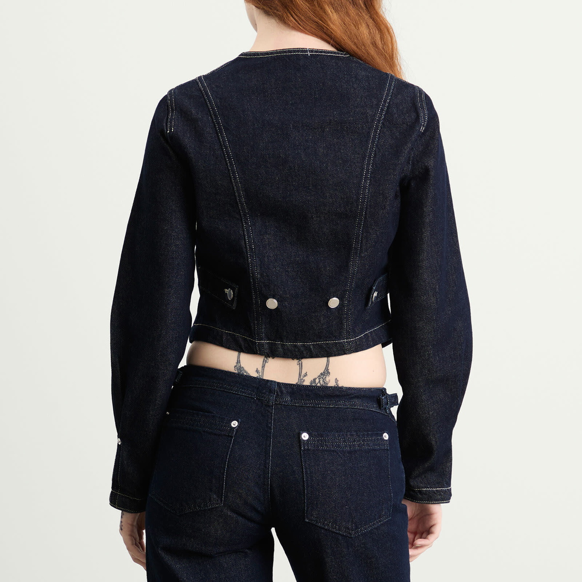 Peachy Den Women's Goldie Collarless Denim Jacket in Indigo Rinse