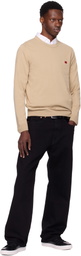 Hugo Beige Knitted Cotton Red Logo Label Sweater