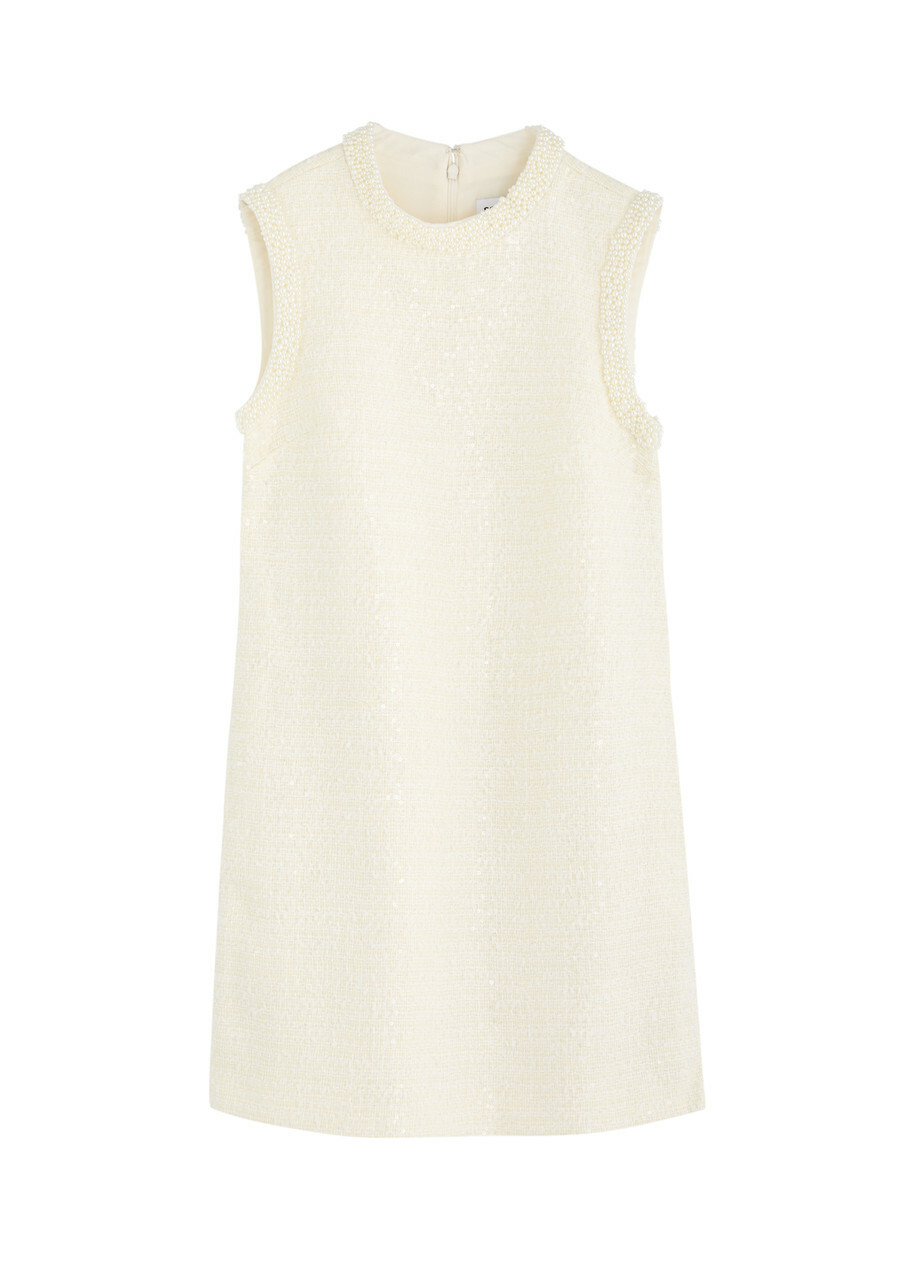 Self-portrait Pearl and Sequin-embellished Tweed Mini Dress Cream