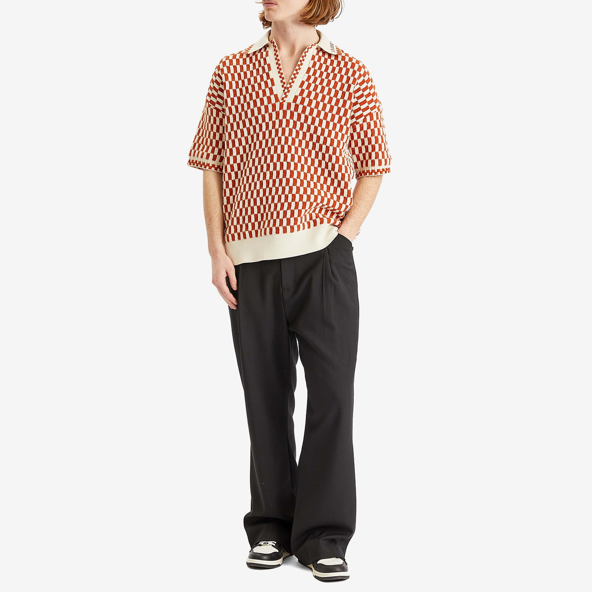 AMIRI Men's Checkered Oversized Woven Polo in Burnt Orange Amiri