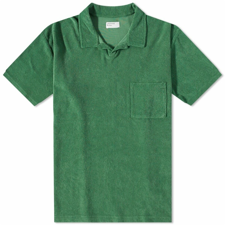 Photo: Universal Works Men's Terry Fleece Vacation Polo Shirt in Green
