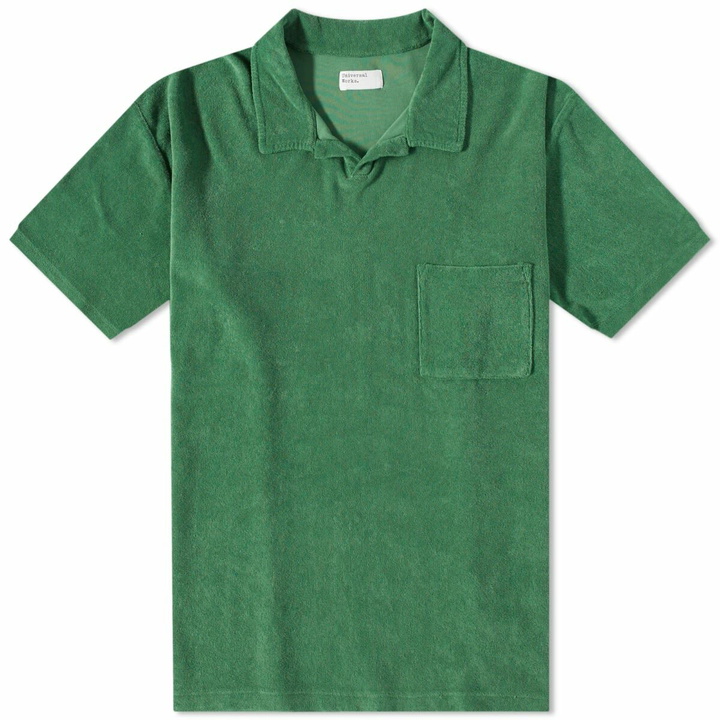 Photo: Universal Works Men's Terry Fleece Vacation Polo Shirt in Green