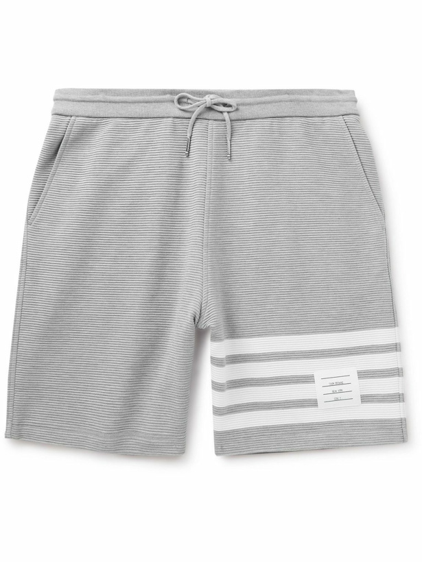 Photo: Thom Browne - Straight-Leg Striped Ribbed Cotton-Jersey Drawstring Shorts - Gray