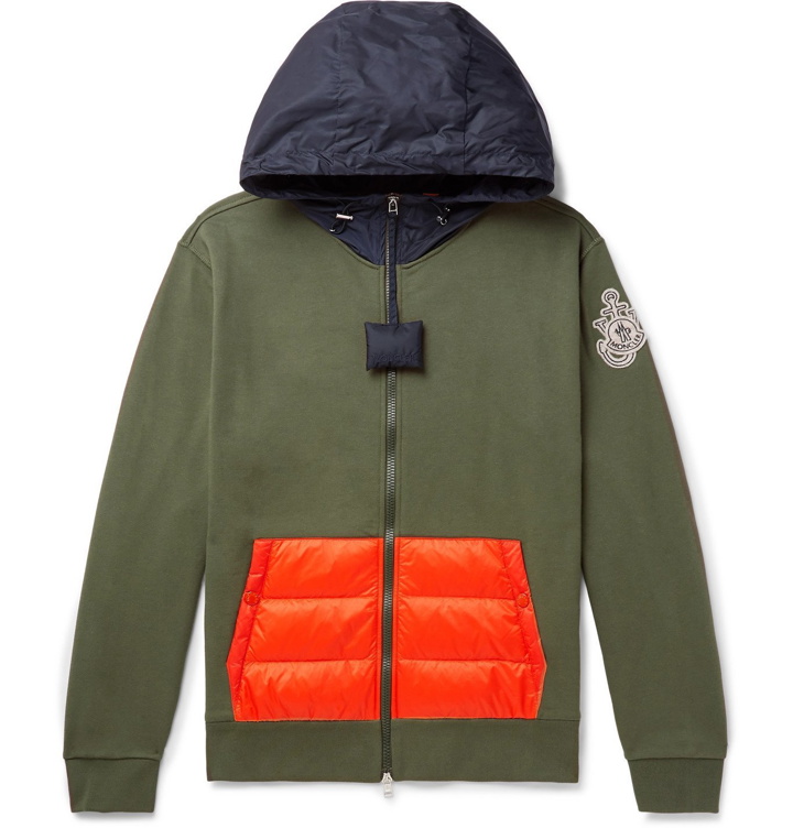 Photo: Moncler Genius - 1 Moncler JW Anderson Logo-Appliquéd Shell-Trimmed Loopback Cotton-Jersey Down Hoodie - Green