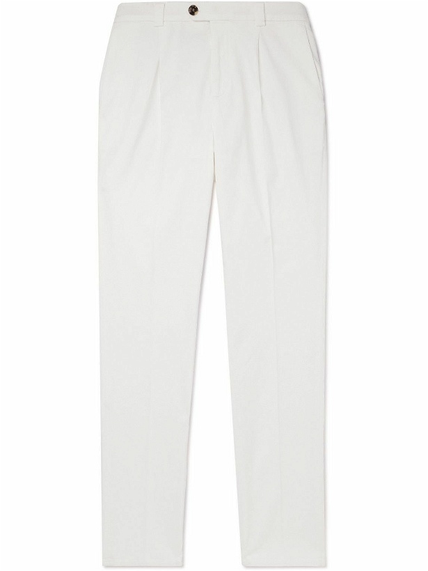 Photo: Brunello Cucinelli - Tapered Pleated Cotton-Blend Twill Trousers - White