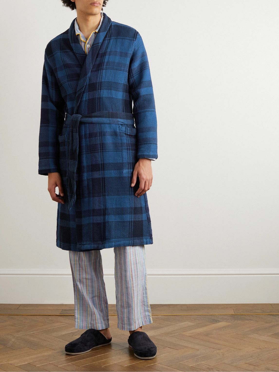 Original Madras - Checked Waffle-Knit Cotton Robe - Blue
