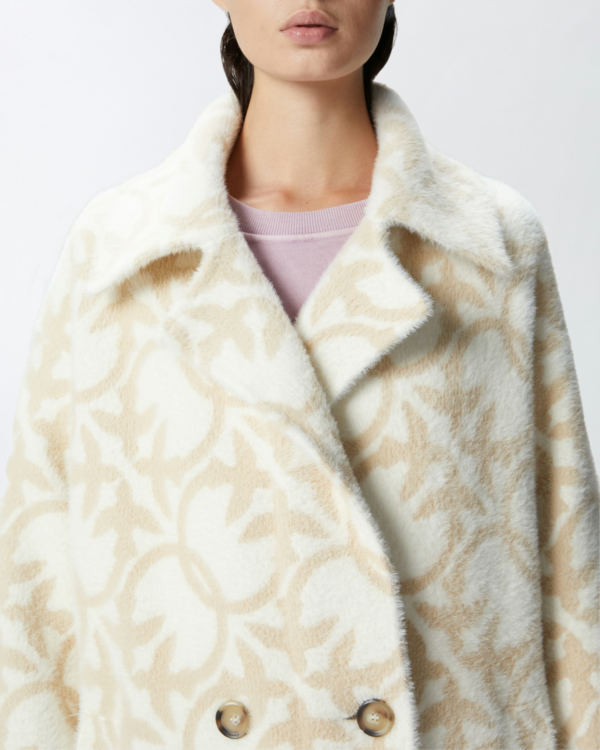 Pinko Short Faux Fur Coat With Logo Cream/Beige