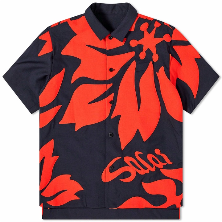 Photo: Sacai Men's Floral Embroidered Patch Vacation Shirt in Navy/Red