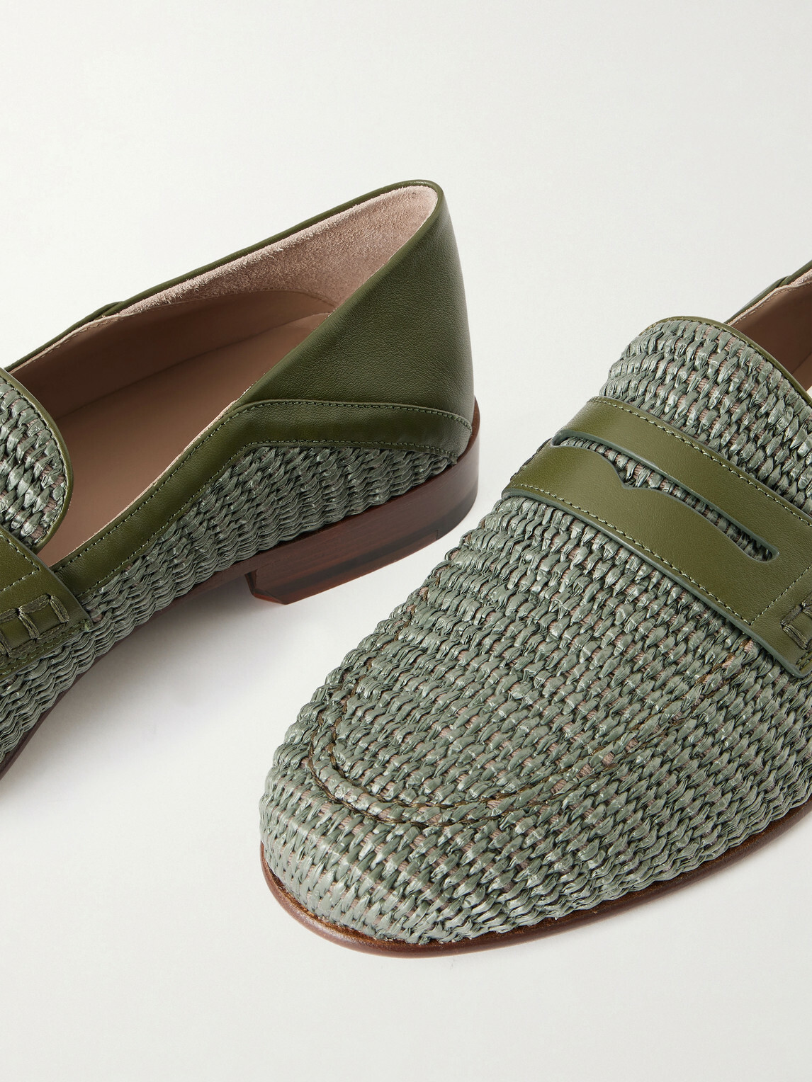 Manolo Blahnik - Padstow Collapsible-Heel Leather-Trimmed Raffia Loafers - Green
