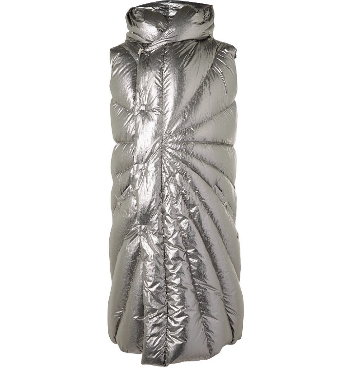 Photo: Rick Owens - Moncler Porterville Oversized Logo-Appliquéd Hooded Metallic Shell Down Gilet - Silver