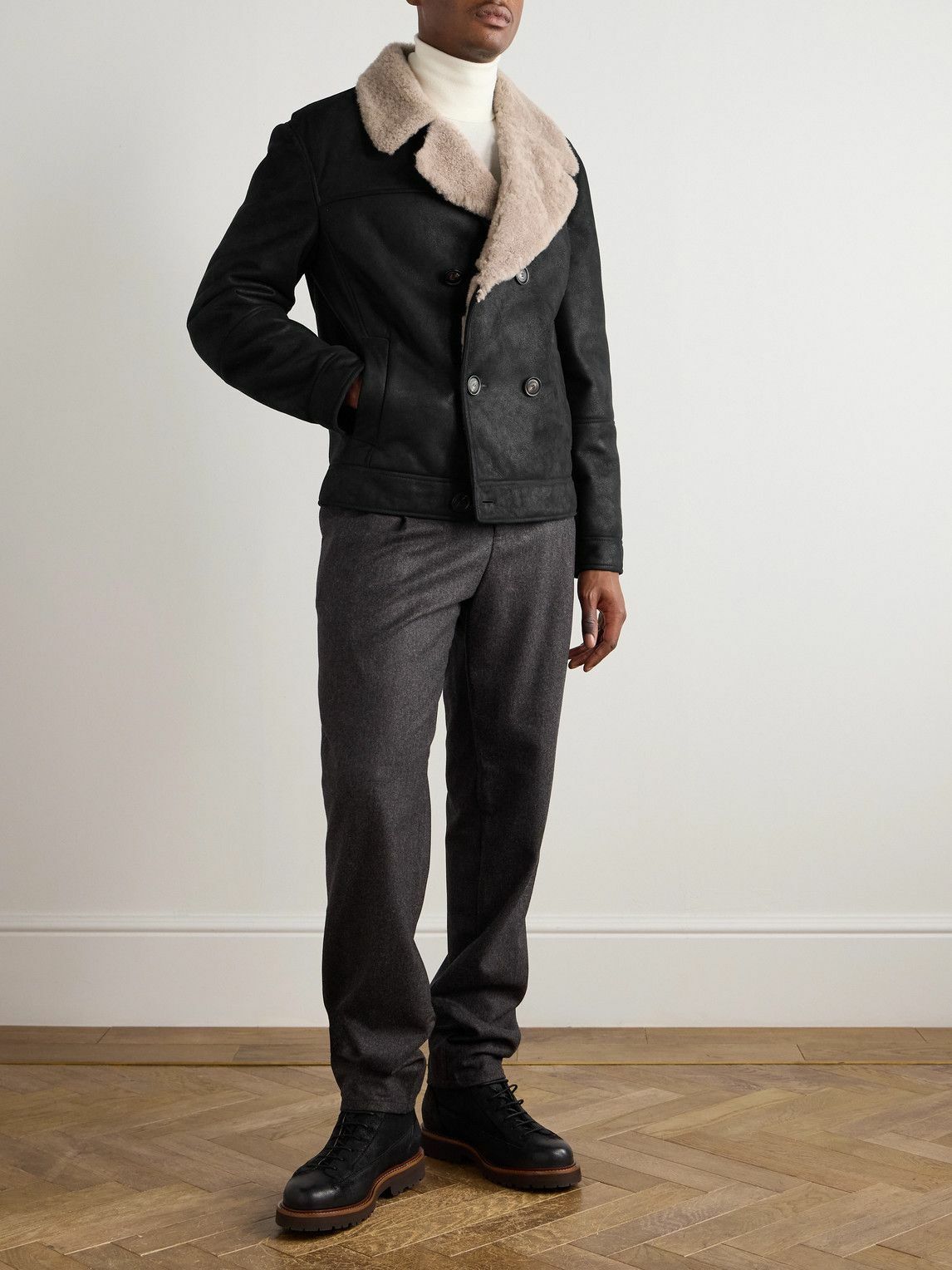 Brunello Cucinelli - Double-Breasted Shearling Biker Jacket - Black