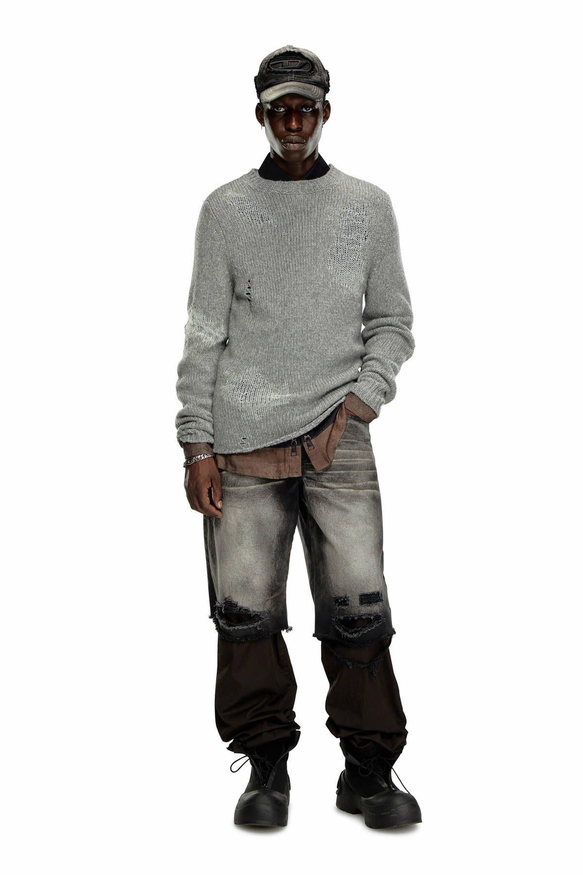 DIESEL ニット 切替え ラップ調 カシミヤ混 アイボリー グレー XXS Men's Striped jumper in alpaca blend | Multicolor | Diesel