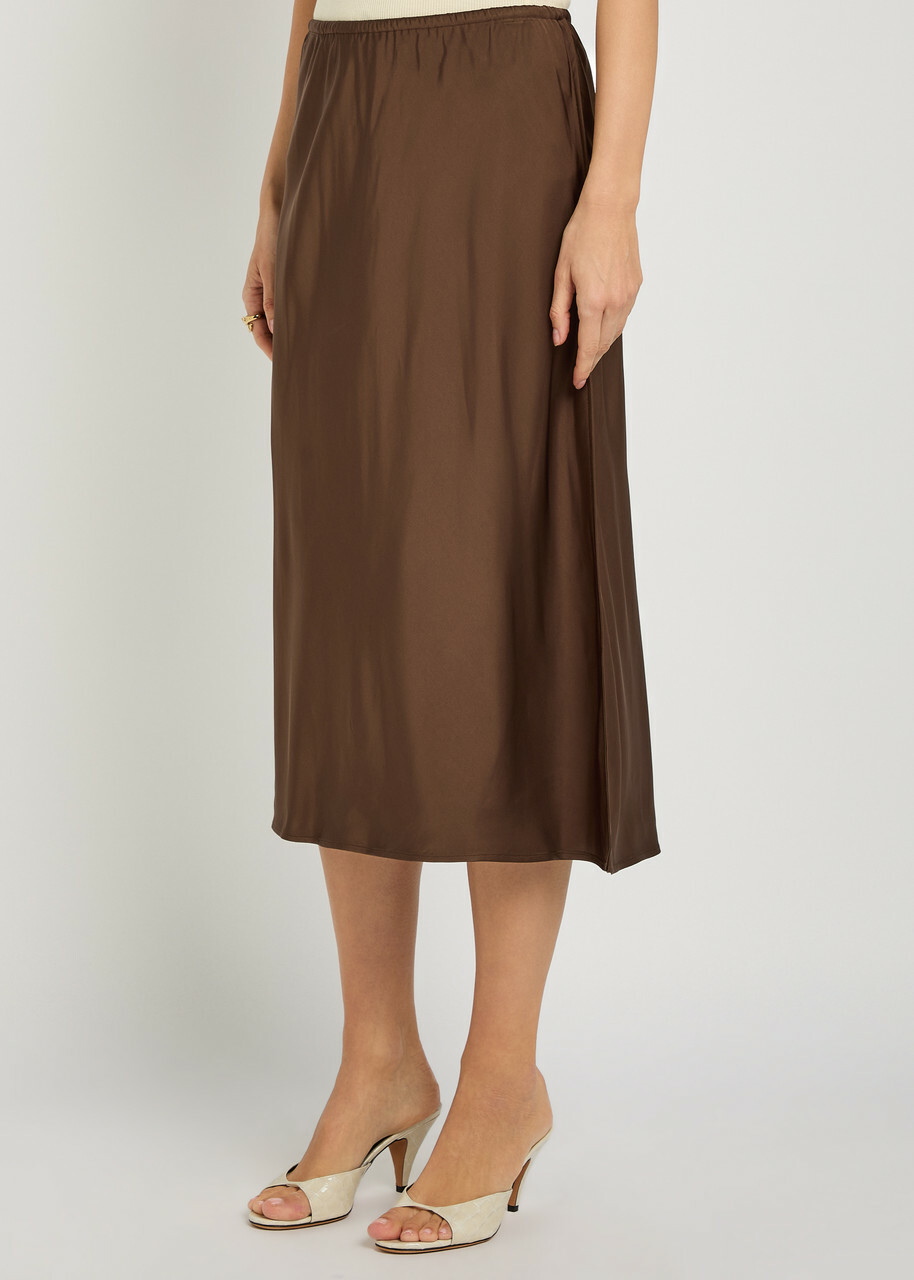 Vince Satin Slip Midi Skirt Brown