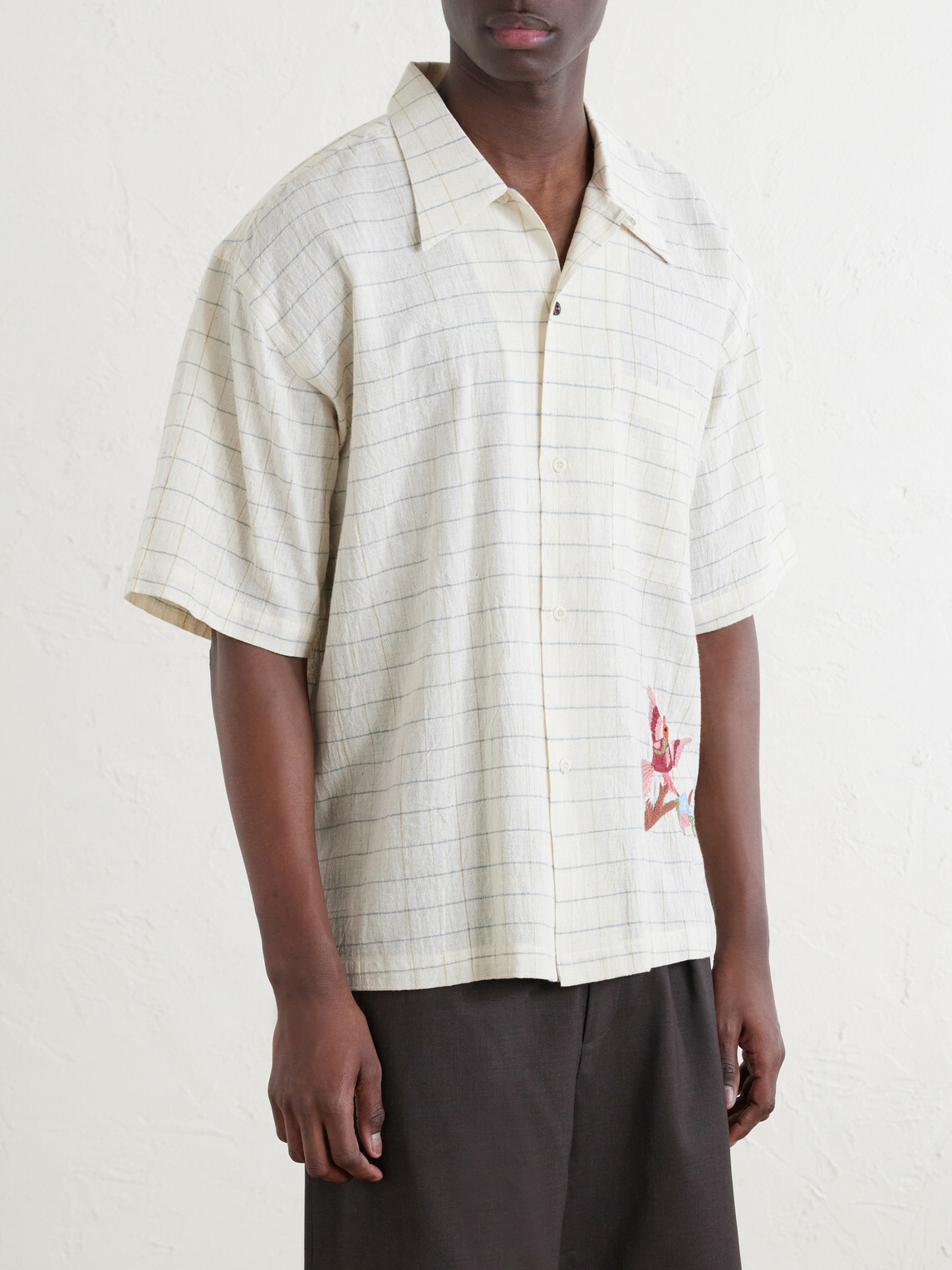 Kardo - Rohit Embroidered Checked Cotton Shirt - Neutrals