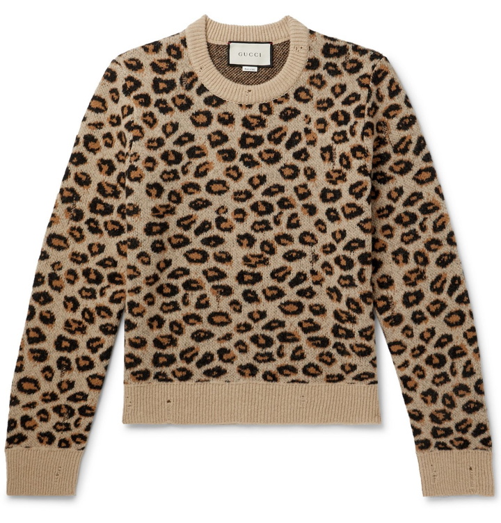Photo: Gucci - Distressed Leopard Jacquard Sweater - Brown