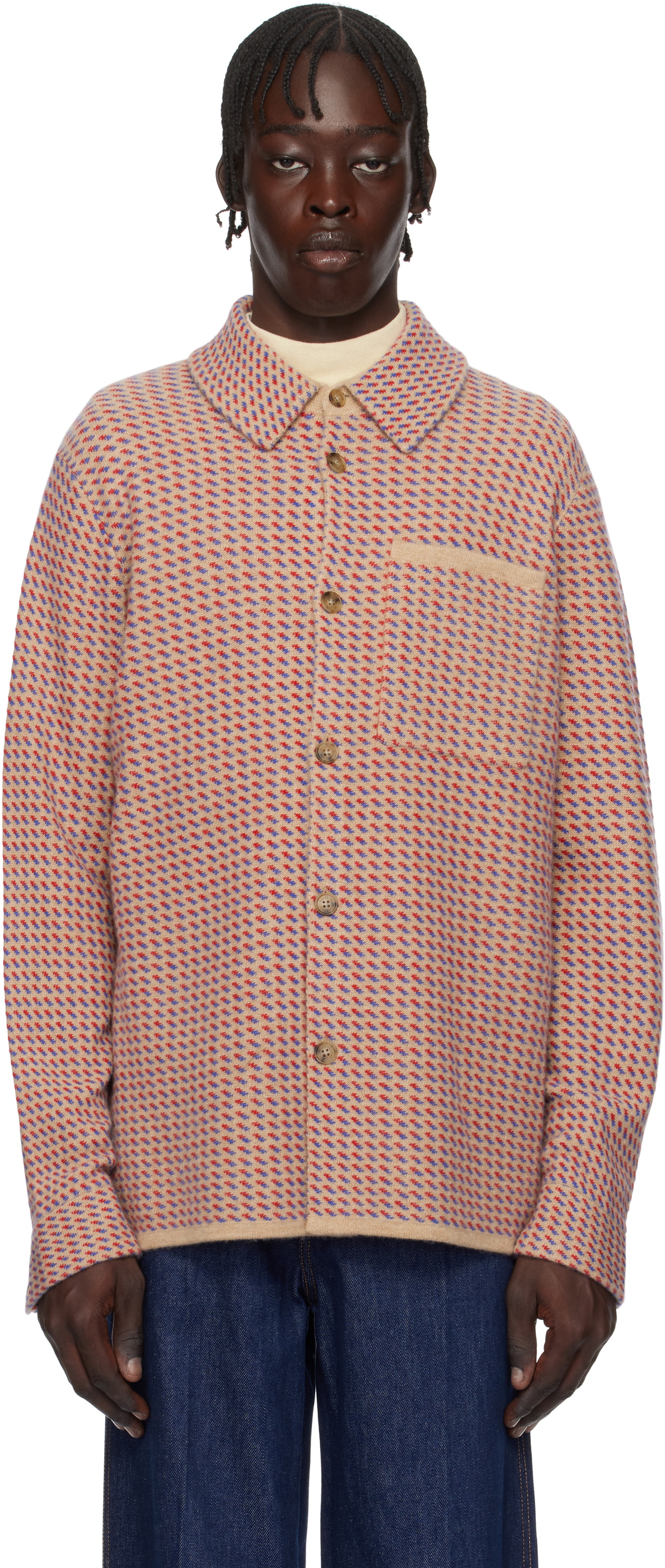 Guest in Residence Beige & Red Tweed Work Overshirt