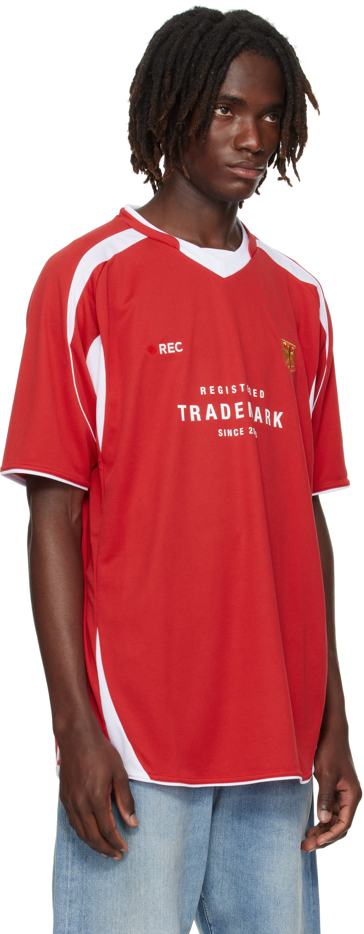 【関税込み】VETEMENTS レッド 'Trademark' Football ジャージー VETEMENTS: レッド 'Trademark' Football ジャージー | SSENSE 日本