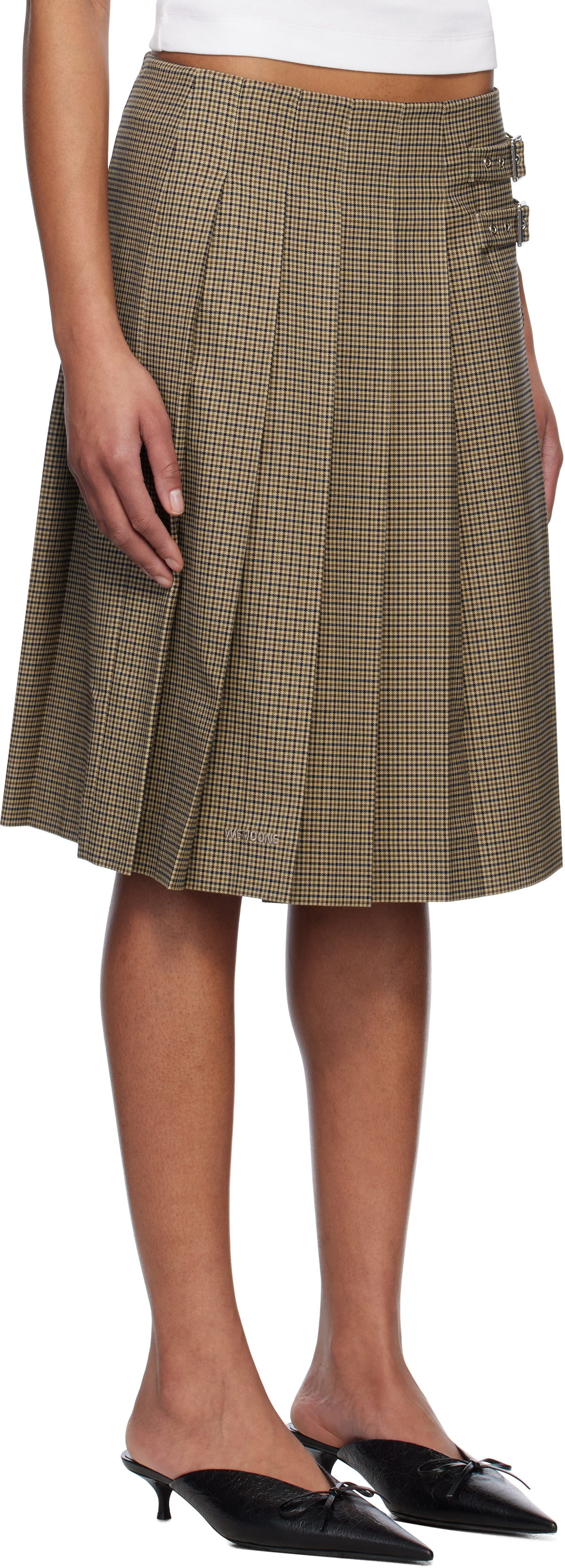 We11done Beige Checkered Pleated Midi Skirt