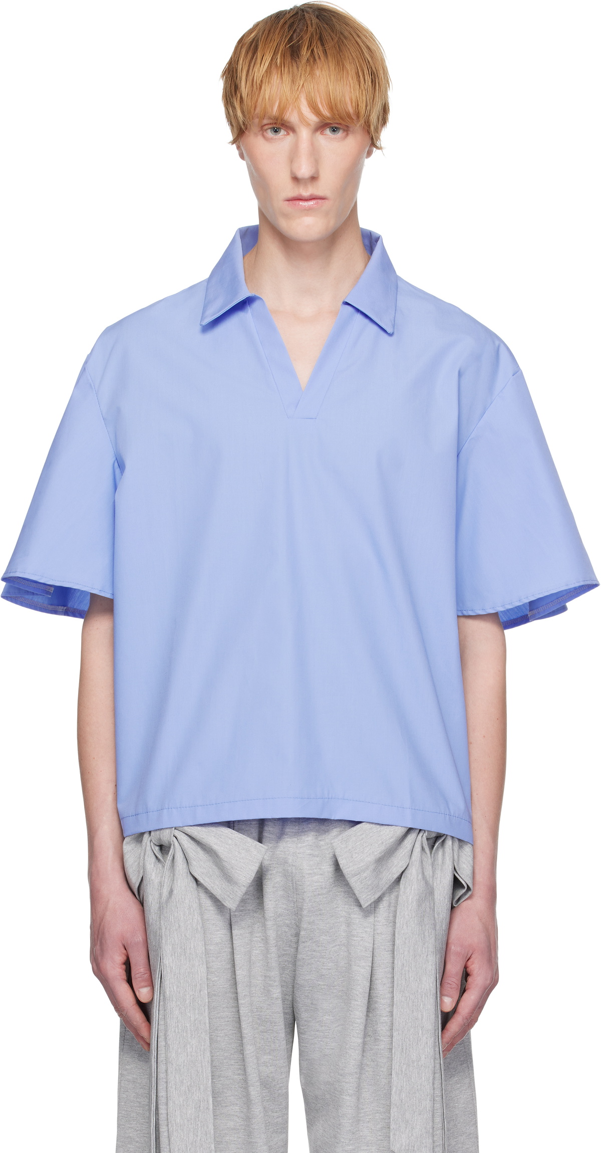 ANDREJ GRONAU Blue V-Neck Poplin Shirt