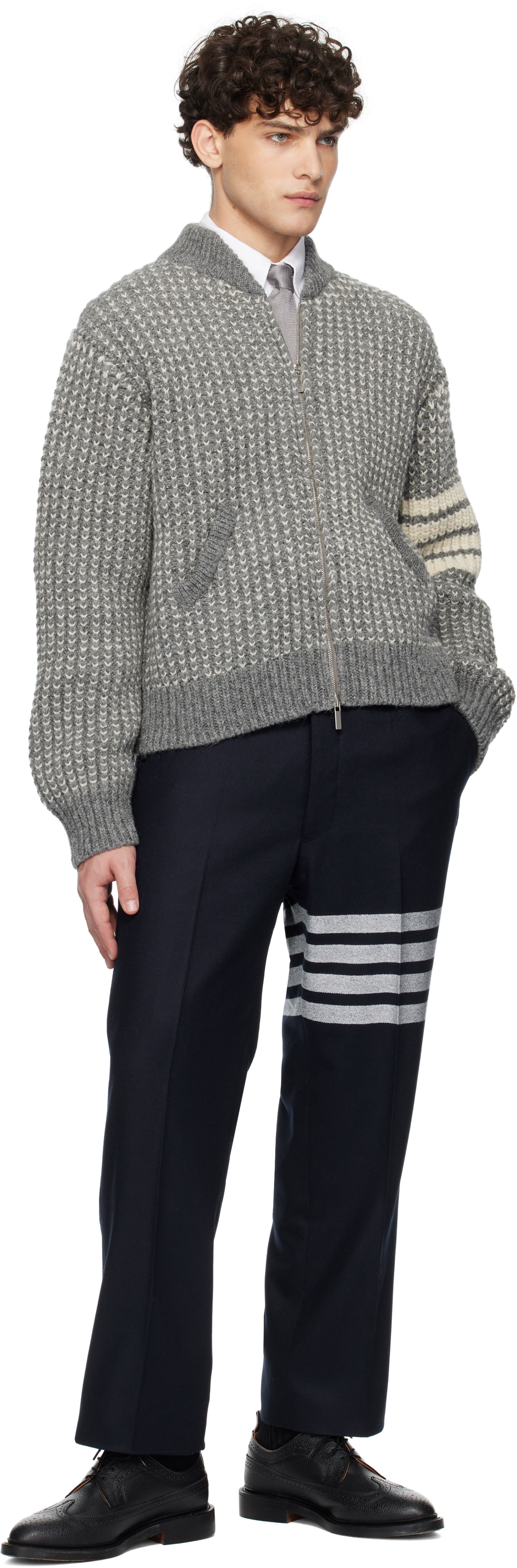 Thom Browne Gray Irish Wool 4-Bar Bomber Jacket