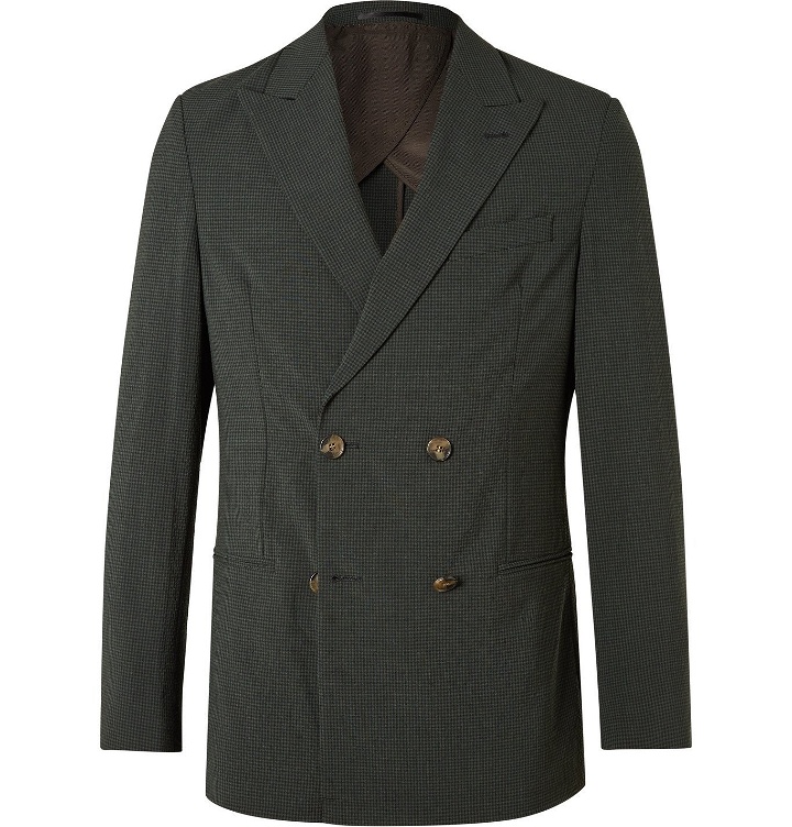 Photo: Nanushka - Darwin Unstructured Double-Breasted Checked Seersucker Suit Jacket - Green