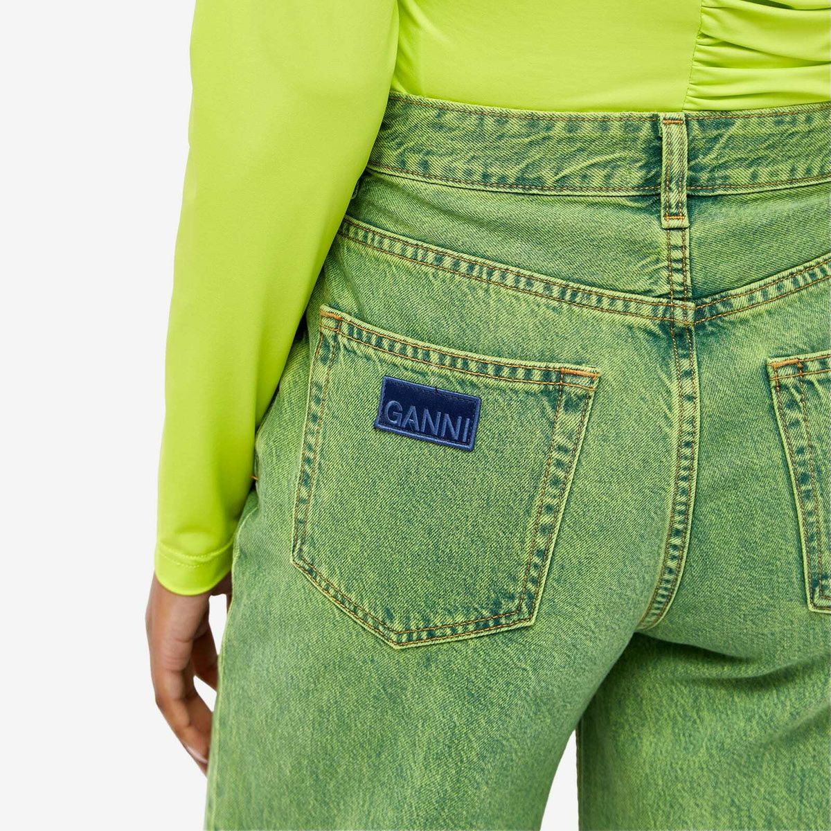 GANNI Women's Overdyed Bleach Denim Magny Jean in Lime Punch GANNI