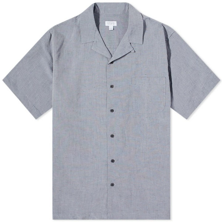 Photo: Sunspel Men's Cotton Linen Short Sleeve Shirt in Light Navy Melange