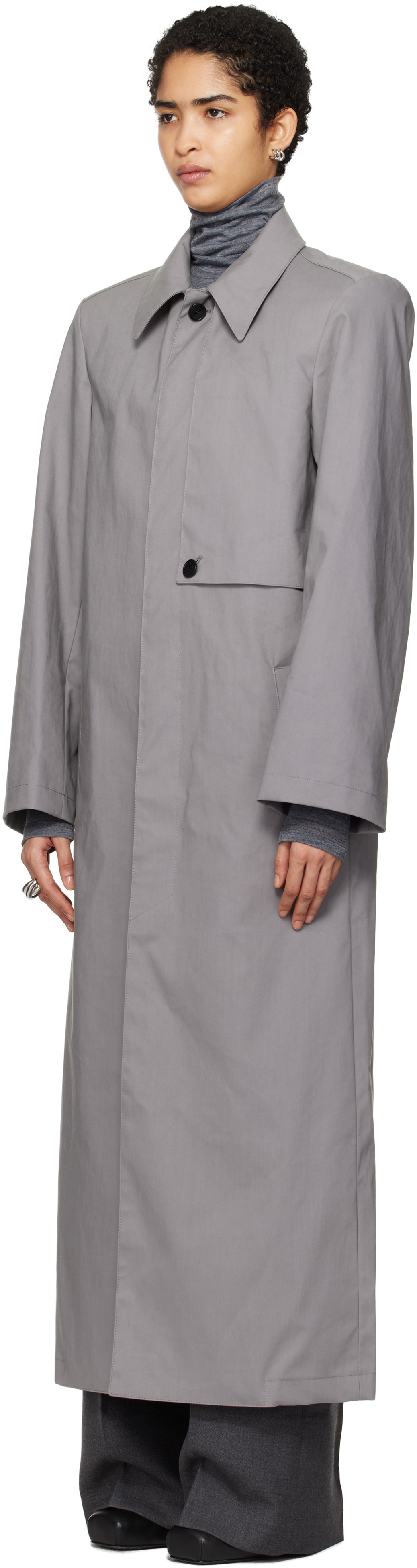 ALAINPAUL Gray Scarf Collar Trench Coat