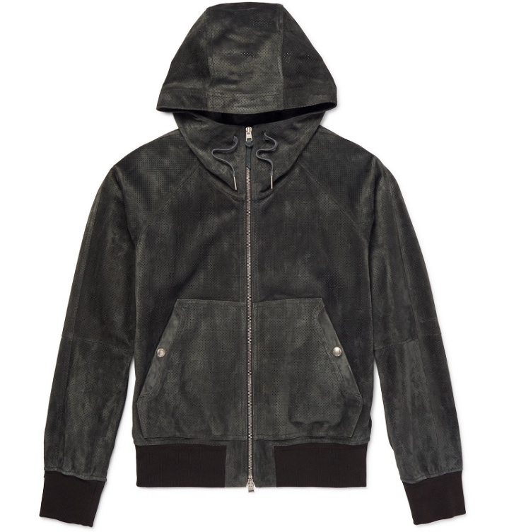 Photo: TOM FORD - Perforated Suede Hooded Bomber Jacket - Green
