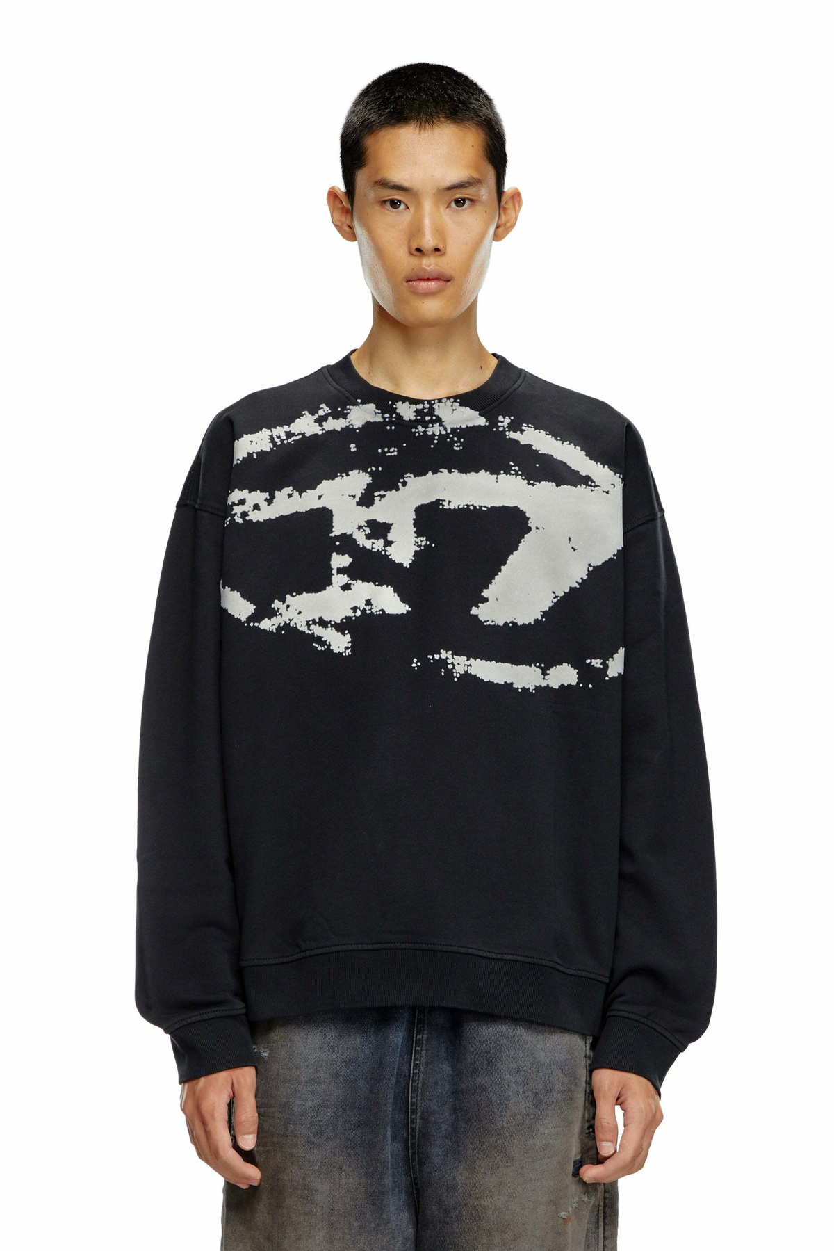 Diesel Sweatshirt with distressed flocked logo - Sweaters Mens in Black