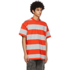 MSGM Red and Grey Striped Logo T-Shirt