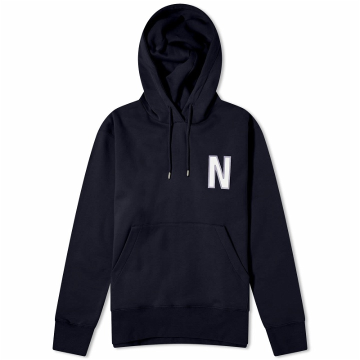 Photo: Norse Projects Men's Arne Relaxed N Logo Hoodie in Dark Navy
