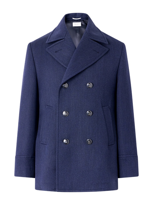 Photo: Brunello Cucinelli - Double-Breasted Wool and Silk-Blend Coat - Blue