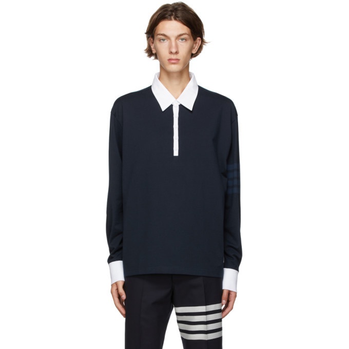 Photo: Thom Browne Navy 4-Bar Rugby Long Sleeve Polo