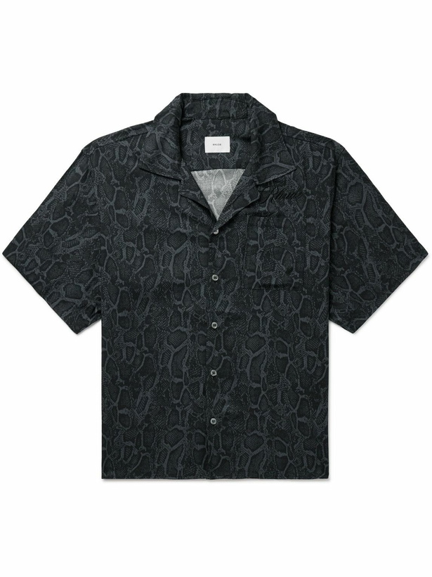 Photo: Rhude - Camp-Collar Logo-Embroidered Snake-Print Twill Shirt - Black