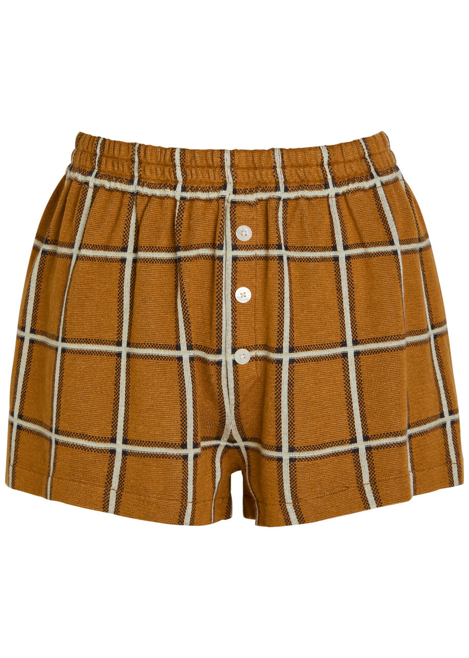 Guest In Residence Picnic Plaid Silk and Linen-blend Shorts Brown