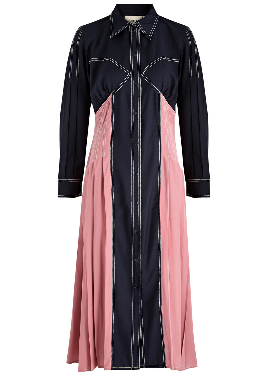 Lovebirds Colour-blocked Silk and Twill Midi Shirt Dress Navy
