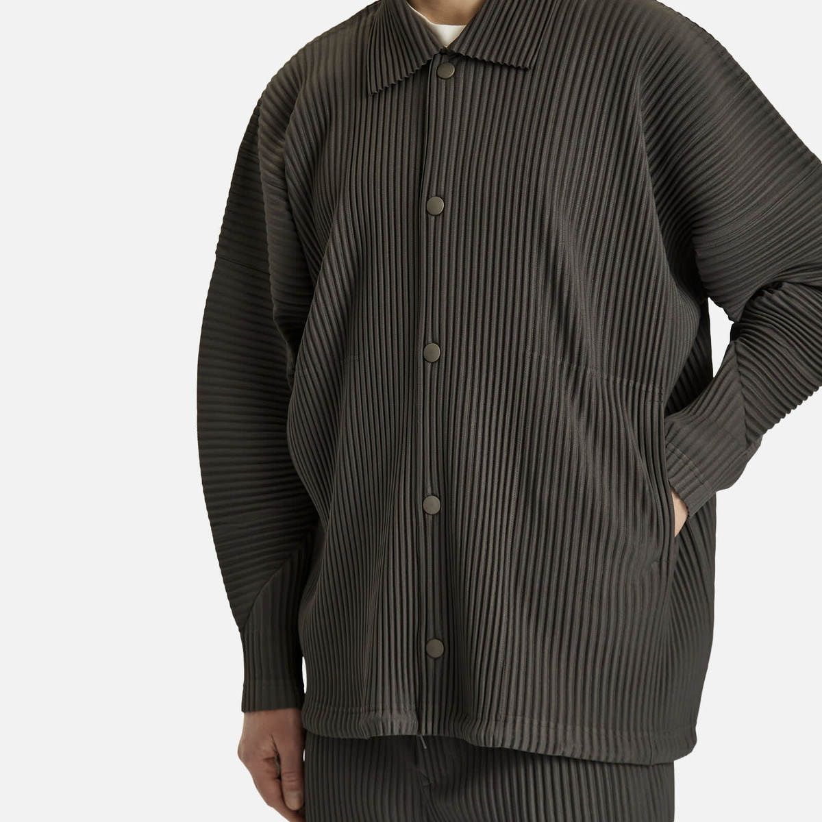 Homme Plissé Issey Miyake Men's Pleated Coach Jacket in Charcoal