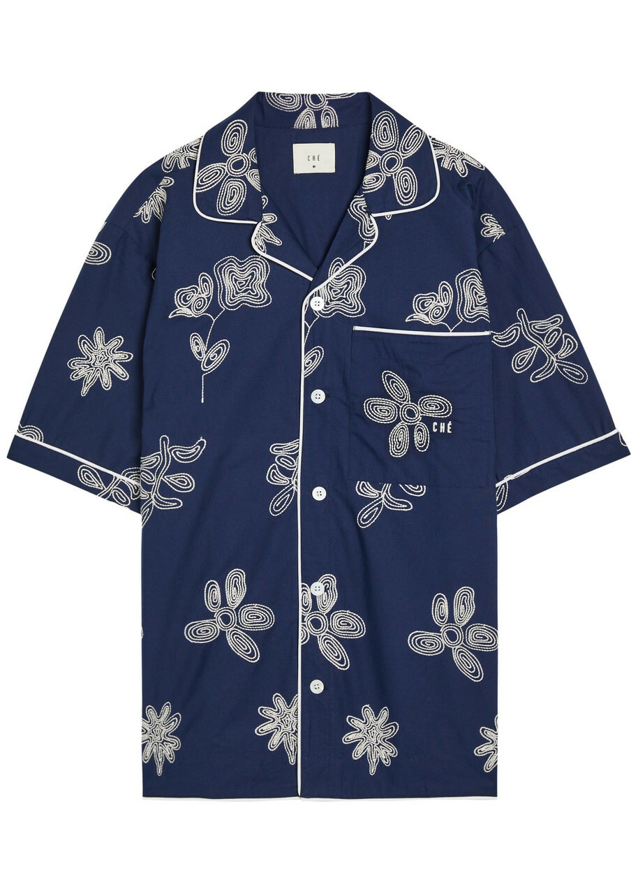 Che Floral-embroidered Cotton-poplin Shirt Navy