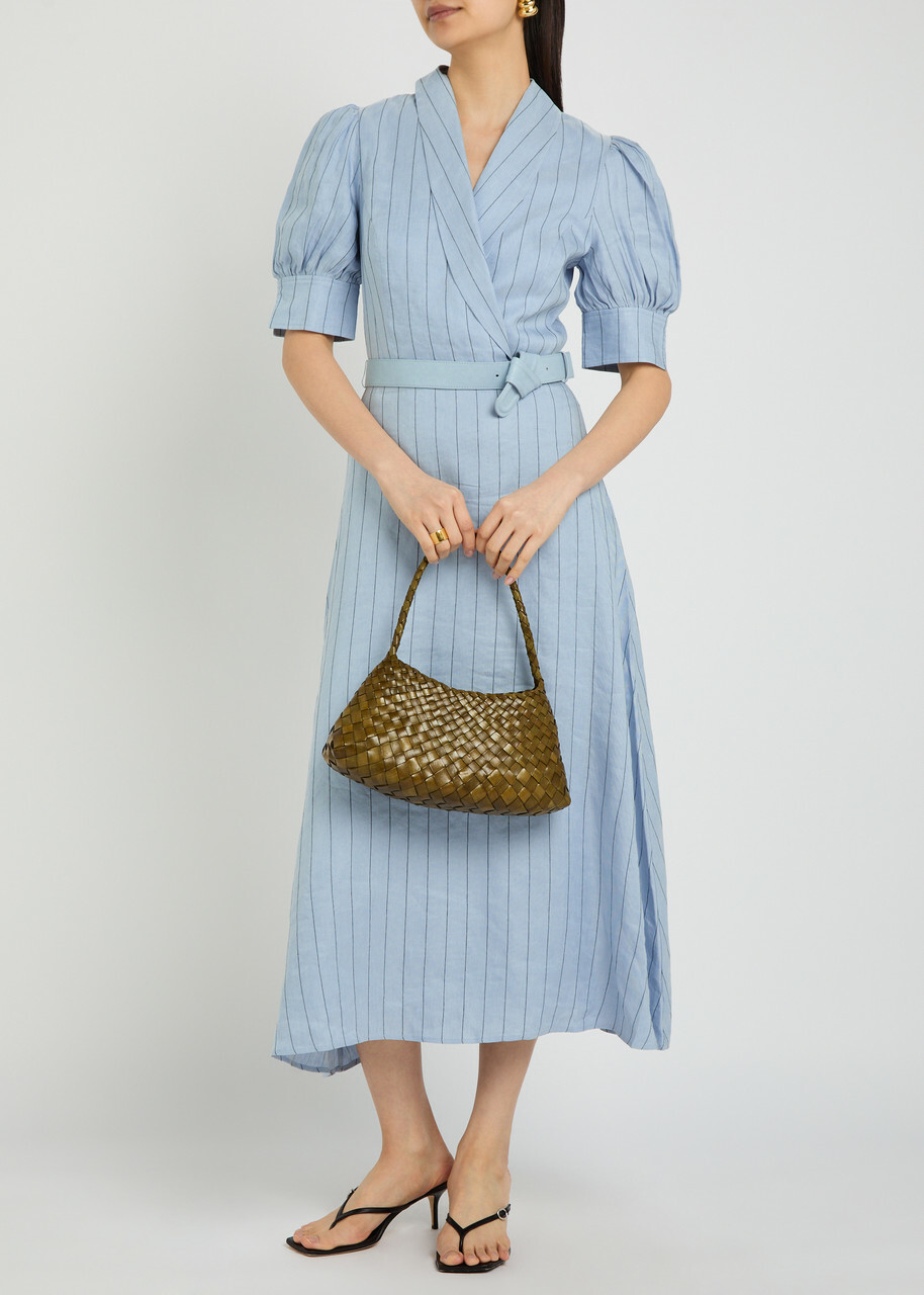 Rebecca Vallance Effie Pinstripe Belted Linen-blend Midi Dress Light Blue