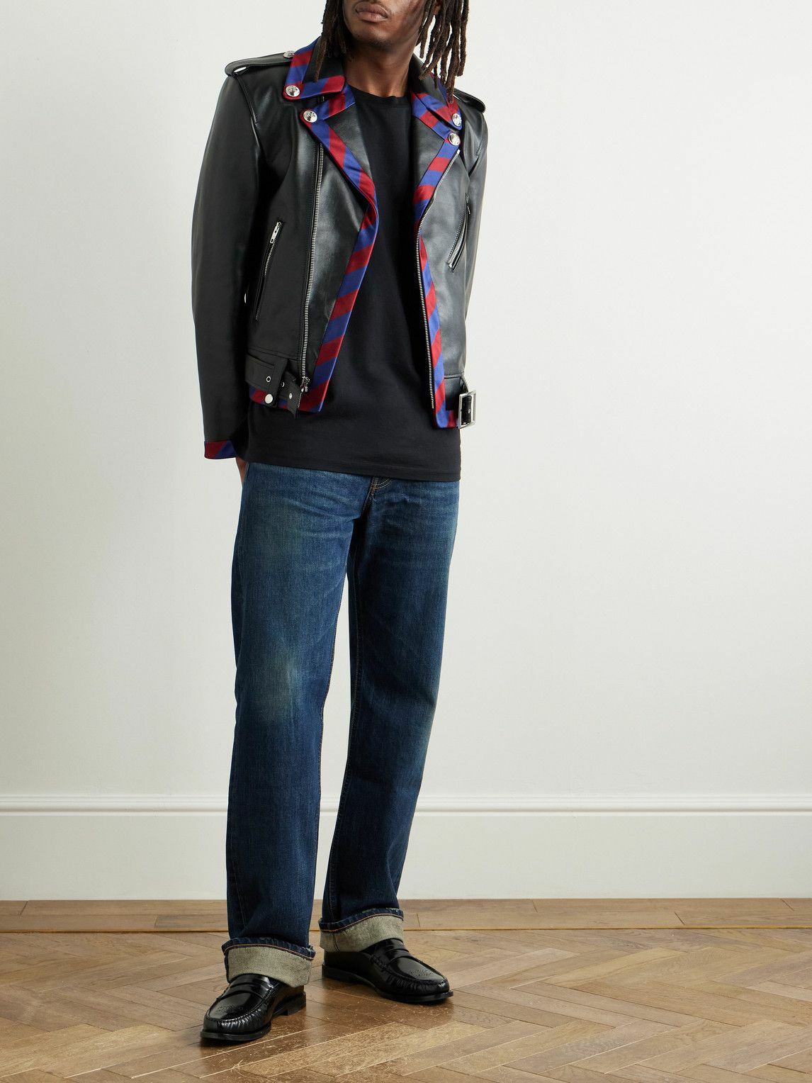 CELINE - Belted Striped Twill-Trimmed Leather Biker Jacket - Black