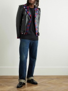 CELINE - Belted Striped Twill-Trimmed Leather Biker Jacket - Black