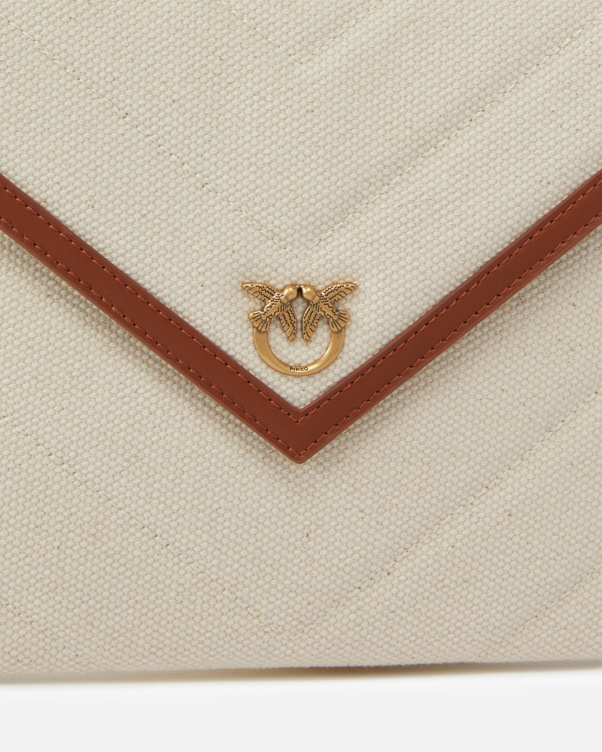 Pinko Flat Canvas Clutch Bag With Leather Trim Beige/Brown Antique Gold